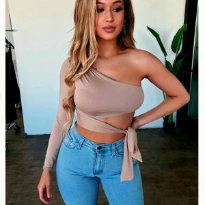DIOSA one sleeve wrap tie taupe top